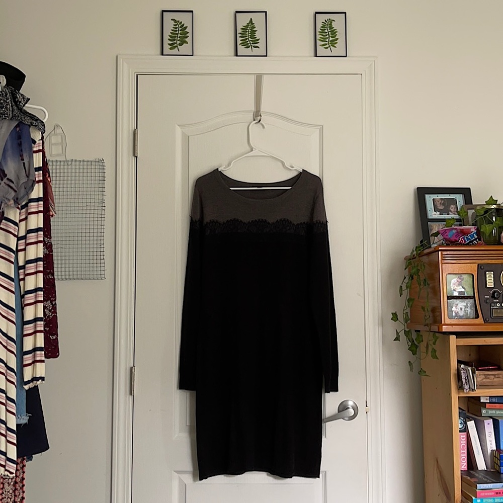Long Sleeve Black Lace Grey Top Black Dress